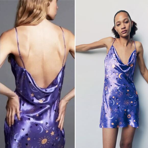 Zara Sun Moon Star Celestial Satin Silky Mini Slip Dress Purple Blogger Sz S NWT - Picture 12 of 12